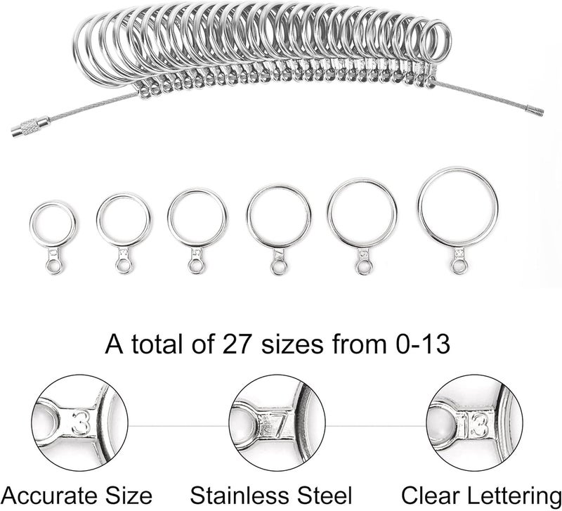 TUNQISM 4 Pcs Ring Sizer Measuring Tool Kit, Ring Mandrel Measurer, 27 PCS Premium Steel Measuring Ring Tool, US Ring Size 0-13, 2 PCS Reusable Finger Size 1-17 USA Rings Size with Magnified Glass - Image 5